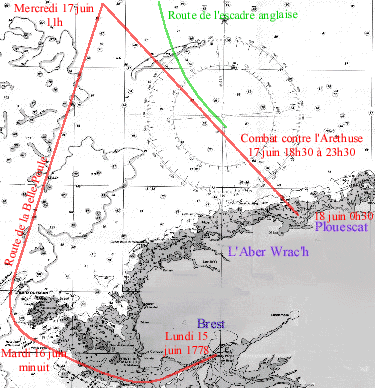 Carte du combat contre l'Aarethusa